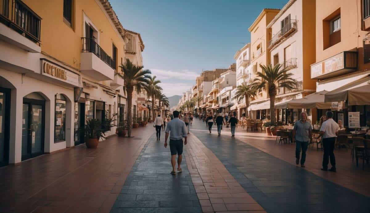 A bustling street in Roquetas de Mar, with prominent real estate offices and legal signs, showcasing the top 5 agencies