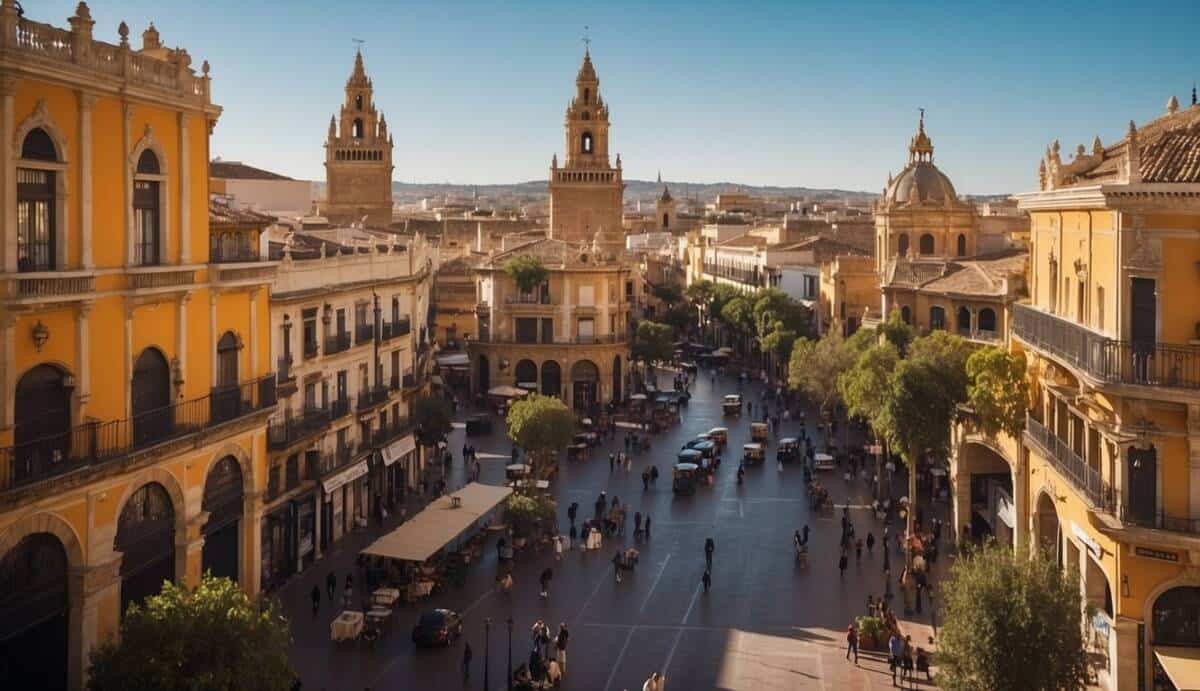 A bustling city street in Sevilla, with colorful buildings and bustling activity. A prominent real estate office sign stands out among the shops