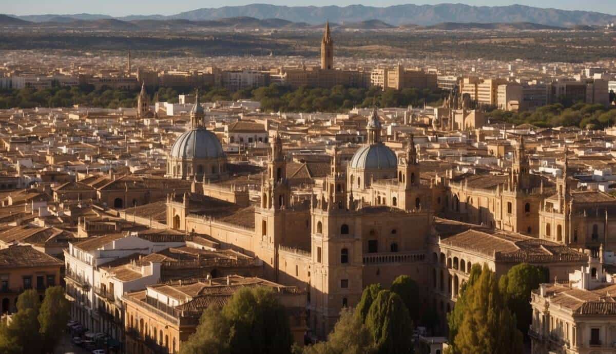 A city skyline with prominent buildings in Sevilla, Spain, with the names of the top 7 real estate agencies displayed in bold letters