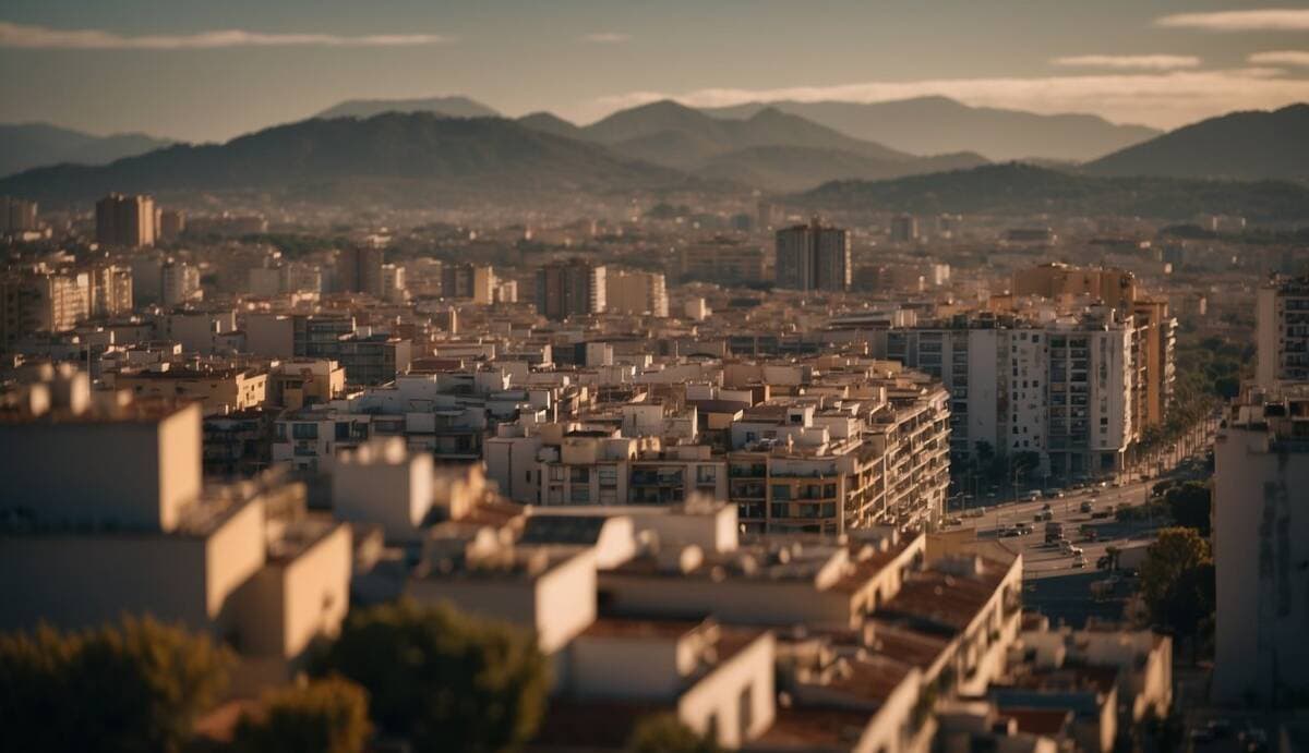 A bustling cityscape of El Prat de Llobregat, with prominent signs and buildings representing the top 5 real estate agencies, showcasing the importance of choosing a reputable agency