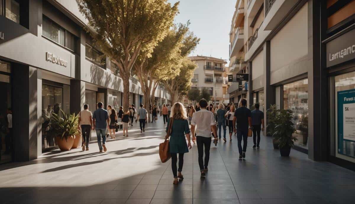 A bustling street in El Prat de Llobregat with five prominent real estate agency signs and a diverse mix of people entering and exiting the offices