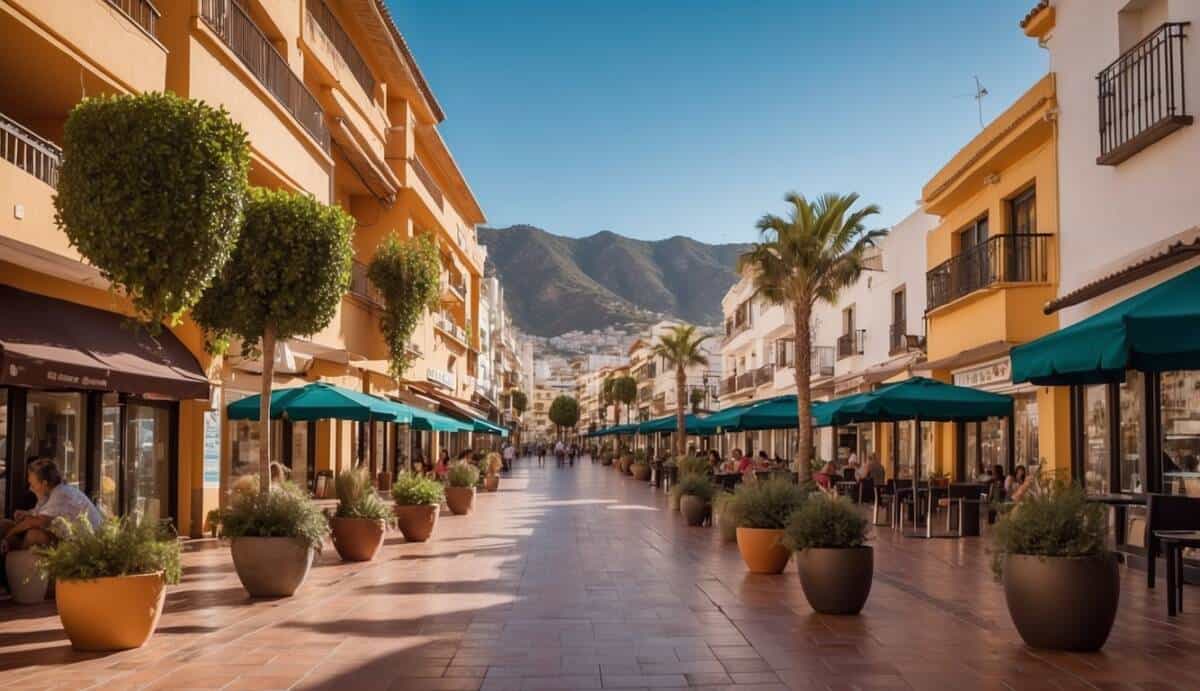 A bustling street in Fuengirola, with 5 prominent real estate offices showcasing their services and listings, highlighting the importance of choosing a reputable agency