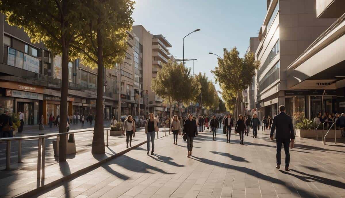 A bustling city street in Hospitalet de Llobregat, with prominent real estate office signs and busy foot traffic. Bright, modern buildings line the street, conveying a sense of urban energy and opportunity