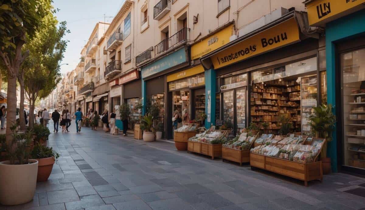 A bustling street in Hospitalet de Llobregat, with colorful real estate signs adorning the storefronts of the top 5 agencies, showcasing a vibrant and competitive market