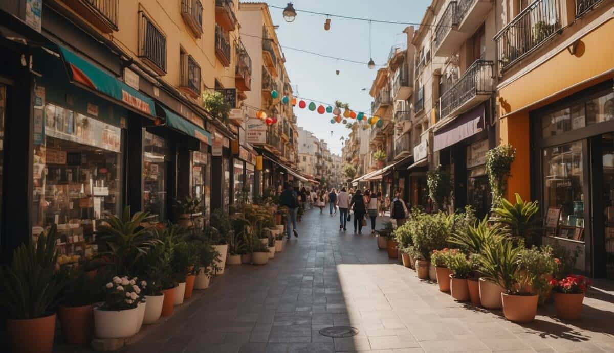 A bustling street in Hospitalet de Llobregat with colorful real estate signs and busy storefronts, showcasing the top 5 real estate agencies in the area