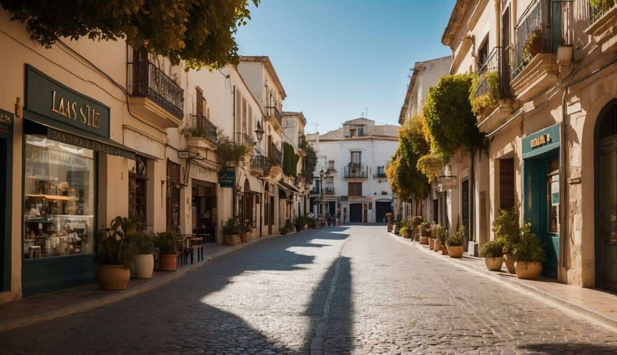 A bustling street in Jerez de la Frontera, with colorful storefronts and a mix of traditional and modern architecture. A sign displaying "Las 5 mejores inmobiliarias" stands out among the buildings