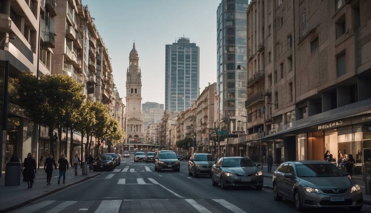 A bustling city street with modern office buildings and a prominent real estate sign for the top 5 agencies in La Coruña