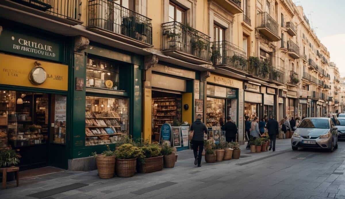 A bustling street in La Coruña, with vibrant real estate signs adorning the storefronts of the top 5 agencies, offering a range of services