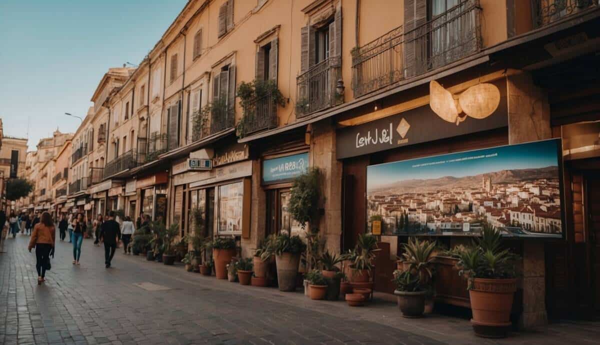 A bustling city street with 5 prominent real estate signs in León, highlighting the importance of choosing a good real estate agency