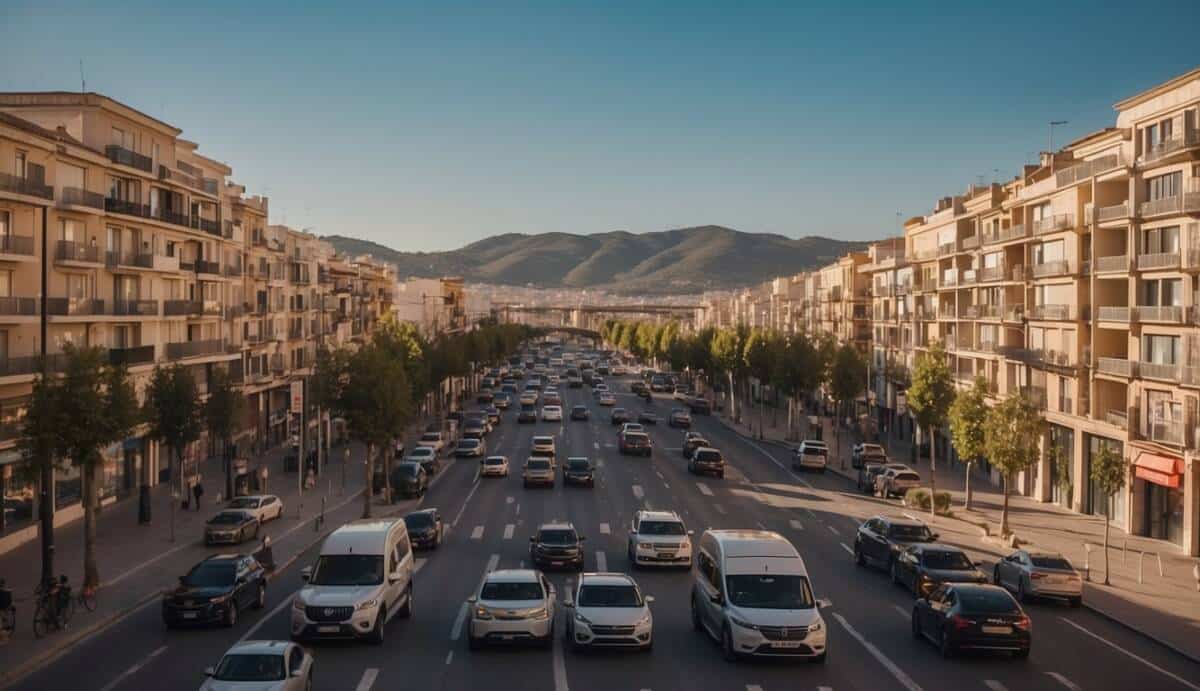 A bustling city scene with 5 prominent real estate signs in Móstoles, emphasizing the importance of choosing the right real estate agency