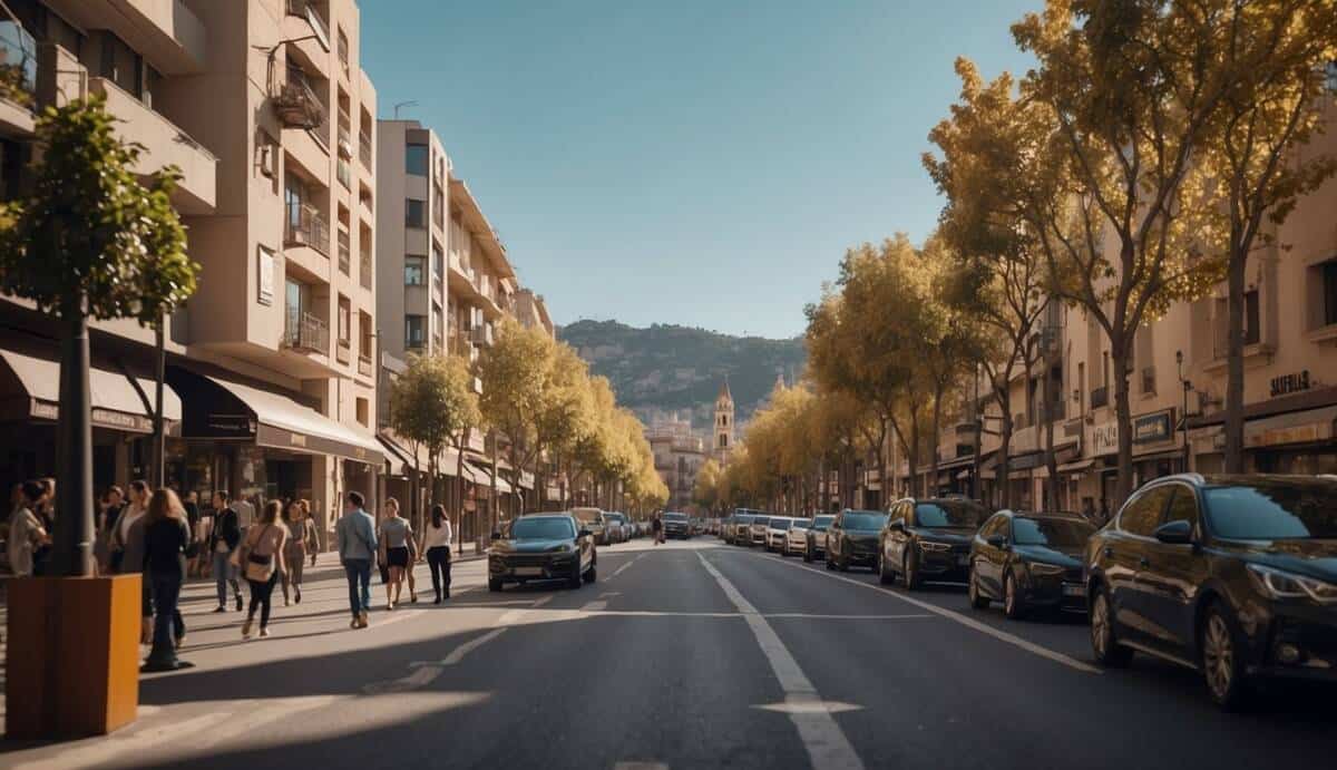 A bustling city street with modern buildings and real estate signs. The top 5 real estate agencies in Sabadell are prominently displayed