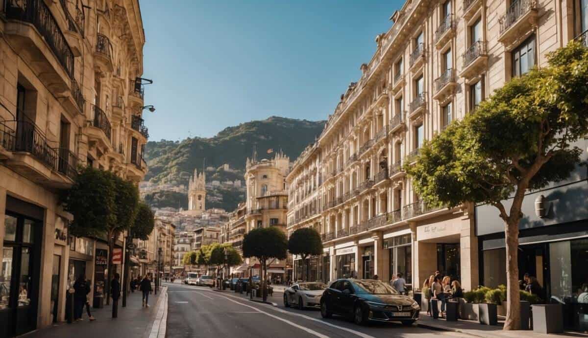 A bustling city street in San Sebastián with five prominent real estate offices, each displaying their signage and logo