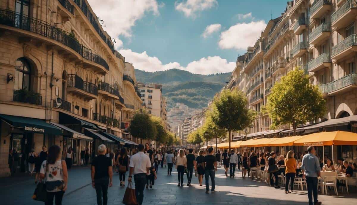 A bustling San Sebastián street lined with modern buildings, showcasing the top 5 real estate agencies in the area. Vibrant signs and bustling foot traffic capture the city's real estate market trends