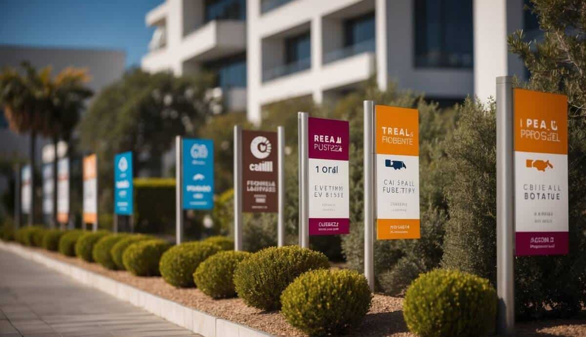 A row of five real estate signs in front of a modern office building in Torrejón de Ardoz, with each sign displaying the name and logo of a top real estate agency